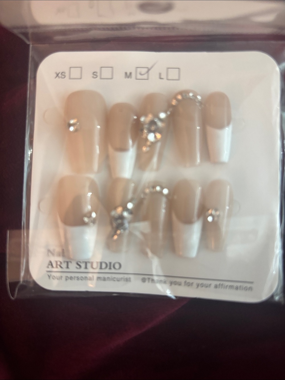 Neutral French Tip Press-On Nails with Rhinestones